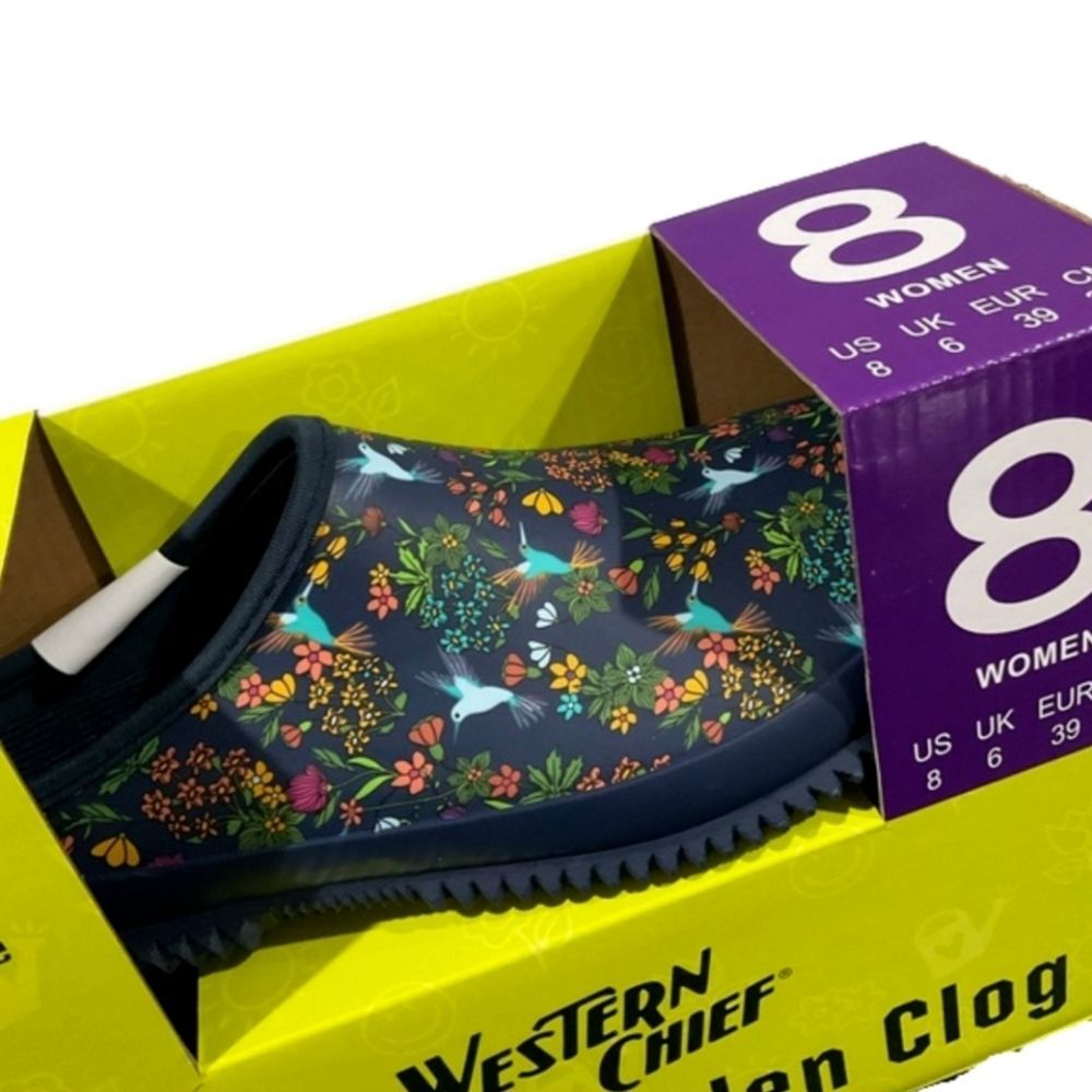 Western Chief Hummingbird Floral Women's Rubber Garden Clog Navy Size 7-10 NIB - Picture 4 of 9